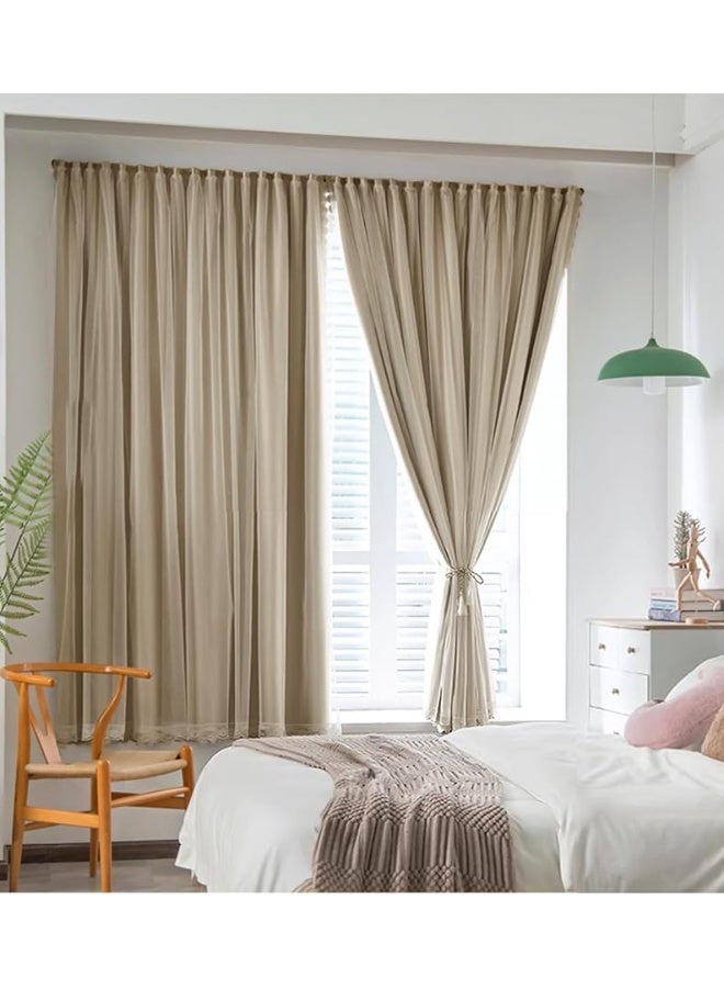 أجريون ستائر فيلكرو مع ستائر شفافة، ستائر بدون حفر، 100% عازلة للضوء، لوح واحد، تناسب نوافذ بعرض 75-100 سم (بيج عرض 150 × ارتفاع 200 سم) - Image 1